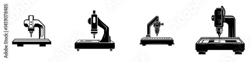 Flat black icon collection of various machine tools designed for precision work on different surfaces