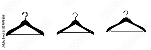 Flat black icon set of three clothing hangers suitable for minimalist design and apparel-related applications