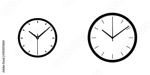 Simple black icons representing two different clock designs showcasing analog timekeeping with clear hour and minute hands