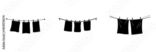 Clothes hanging on a line in a minimalistic black icon style illustrating laundry drying