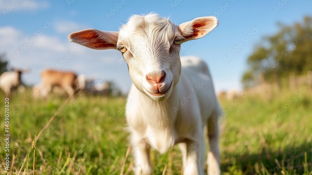 Adorable young white goat kid curiously looks at camera in a sunny pasture, other goats blurred in background. : Generative AI Adorable young white goat kid curiously looks at camera in a sunny pasture, other goats blurred in background. : Generative AI
