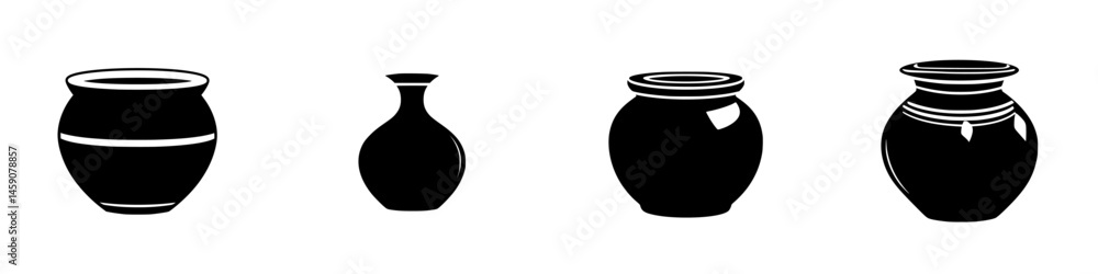 Collection of flat black pottery icons showcasing various shapes and designs in minimalistic style Collection of flat black pottery icons showcasing various shapes and designs in minimalistic style
