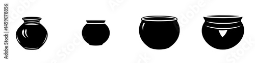 Flat black icon set featuring various styles of pottery vessels in a minimalist design