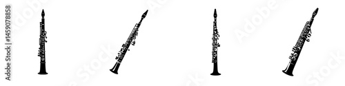 Collection of flat black oboe icons arranged in a row highlighting the intricate design of the instrument