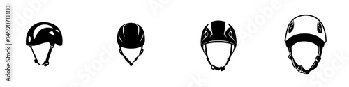 Various flat black helmet icons showcasing diverse designs for safety in sports and activities