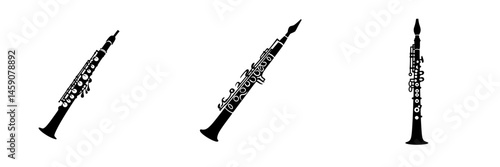 Flat black icons depicting oboes, showcasing different angles, suitable for music-related design or educational purposes