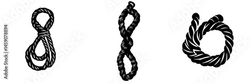 Flat black icons of various twisted rope designs for use in graphic design and illustrations