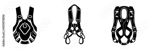 Flat black icons representing different styles of safety harnesses used in climbing and industrial applications