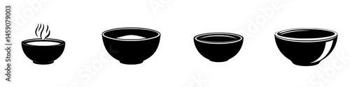 Flat black icon representing different types of bowls arranged sequentially for culinary or design purposes