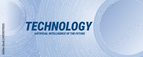 Futuristic technological background with white circular circuit wires on a blue backdrop. Abstract technological background. AI chip or semiconductor concept. Web banner. Digital vector illustration