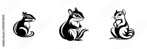 Stylized flat black icons of three different chipmunks in various poses on a white background