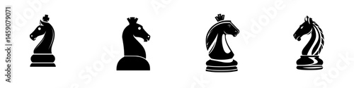 Different styles of flat black knight chess piece icons for game design and branding