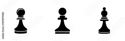 Three distinct flat black designs of chess pawns showcasing their unique shapes and features for classic board games