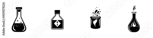 Collection of flat black laboratory icons representing various chemical vessels and substances used in scientific experiments