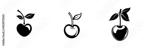 Various designs of flat black cherry icons showcasing different styles and perspectives