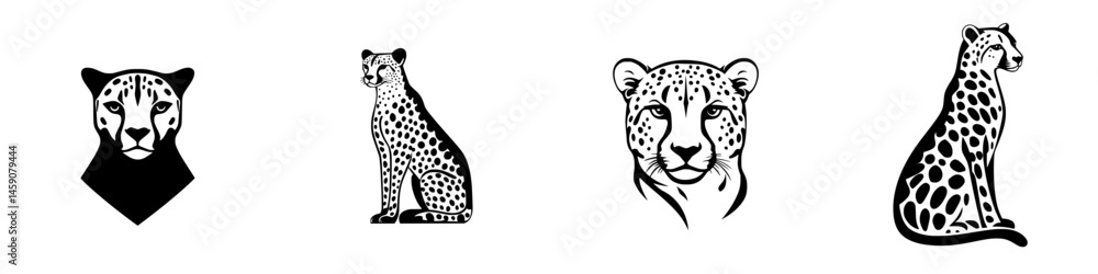 Fototapeta premium Collection of flat black cheetah icons showcasing various artistic representations and styles of the big cat