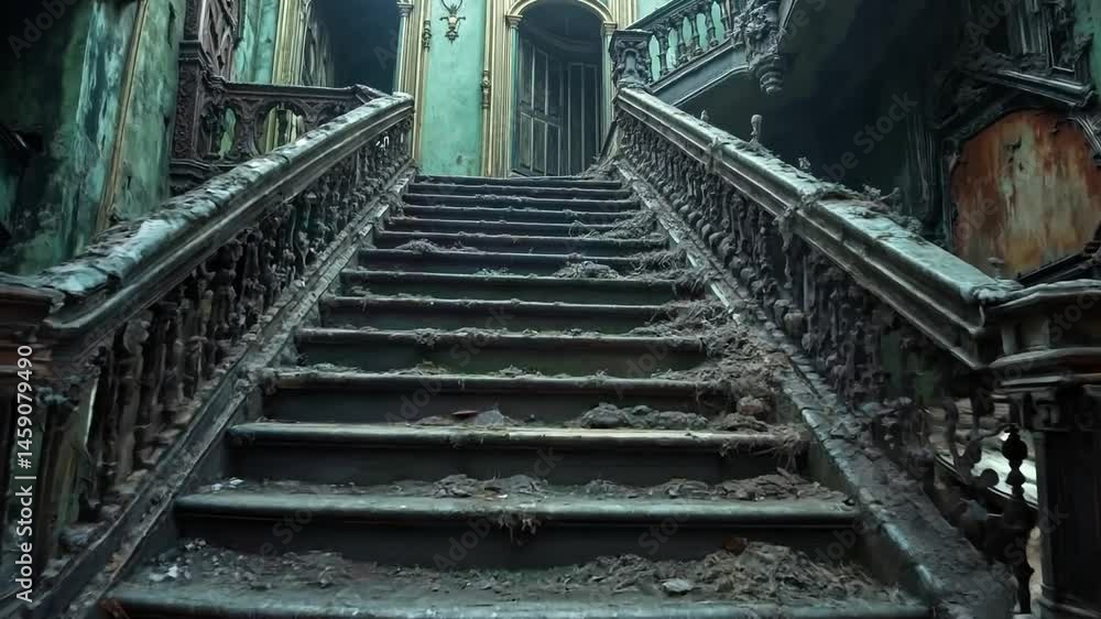A set of stairs in an abandoned building with peeling paint on the walls A set of stairs in an abandoned building with peeling paint on the walls