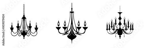 Elegant flat black chandelier icons showcasing various designs and styles for home decor and lighting concepts