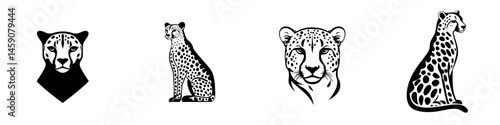 Collection of flat black cheetah icons showcasing various artistic representations and styles of the big cat