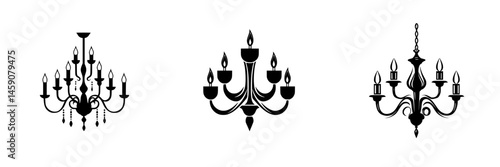 Elegant black icons of various chandelier designs showcasing intricate details and stylish elegance for interior decoration use