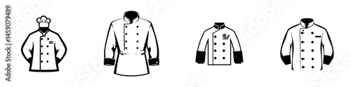 Flat black icon showcasing various chef jackets suitable for professional culinary use