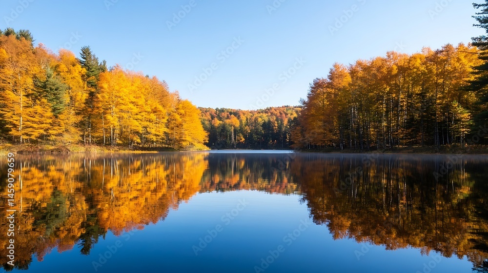 Serene autumn lake reflecting vibrant golden trees under a clear blue sky, creating a picturesque and tranquil landscape. : Generative AI Serene autumn lake reflecting vibrant golden trees under a clear blue sky, creating a picturesque and tranquil landscape. : Generative AI