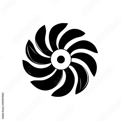Stylized flat black icon depicting a spiral turbine design with curved blades and a central hub for technical purposes