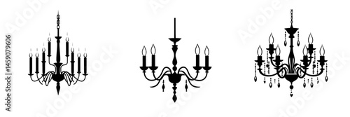 Elegant flat black chandelier icons suitable for various design projects or decorations