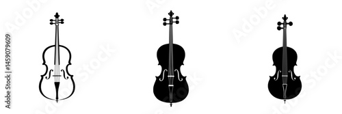 Elegant flat black icons of violins on a white background illustrating different shapes and styles of string instruments used in music