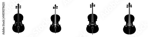 Flat black icons of violins showcasing different angles and styles for musical design and creative projects