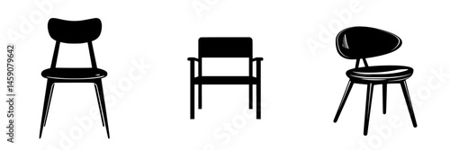 Flat black icons of various chair designs showcasing modern simplicity in furniture aesthetics