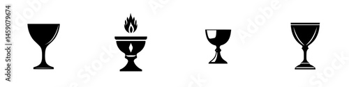 Four flat black icons featuring various chalices and a flaming cup design for creative projects