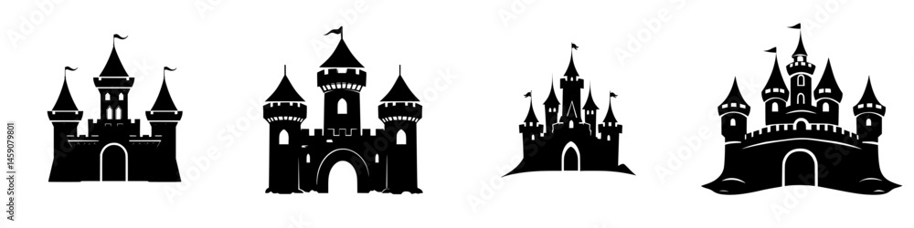 Fototapeta premium Icon collection of flat black castle designs showcasing various architectural styles and features
