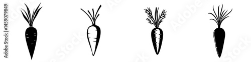 Various flat black icons depicting stylized carrot designs in different orientations and styles suitable for graphic use