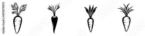 Flat black icons of carrots with varying styles showcasing vegetables in minimalist design