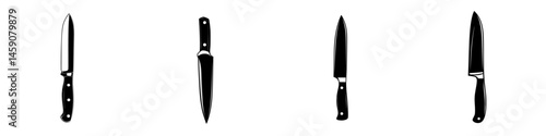 Black knife icons arranged in a row showcasing various designs for culinary use and kitchen graphic representation