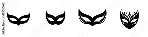 Various flat black mask icons representing different styles and designs suitable for festive occasions or masquerade events