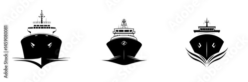 Flat black icons of different types of ships designed for marine themes or nautical projects