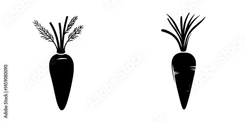 Flat black icon representing a carrot and its leafy greens in a minimalist design suitable for various applications