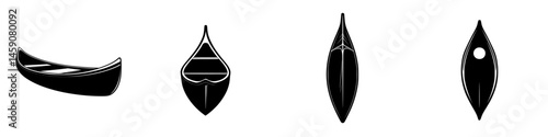 Black flat icons representing different types of canoe shapes and designs for various water activities