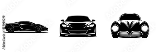 Stylized flat black icons of luxury sports cars showcasing sleek designs and modern aesthetics in minimalist art form