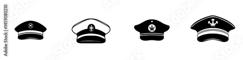 Various flat black icons representing military and naval hats in a simple, recognizable style for use in design projects