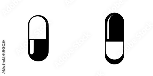 Flat black icon depicting two capsules, one half black and white, the other evenly split black and white design, suitable for healthcare themes
