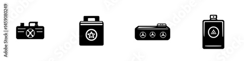Icon collection featuring flat black designs of various items including a camera, suitcase, battery, and perfume bottle