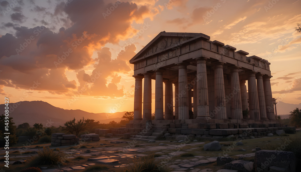 Obraz premium Ancient Temple Ruins at Sunset with Dramatic Sky