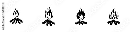 Multiple flat black campfire icons representing outdoor activities and warmth from flames during group gatherings