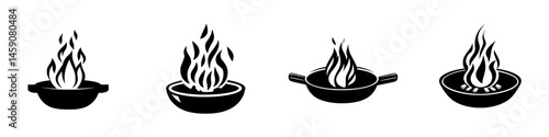 Different flat black icons representing fire in various cooking utensils and scenarios, perfect for culinary design projects and illustrations