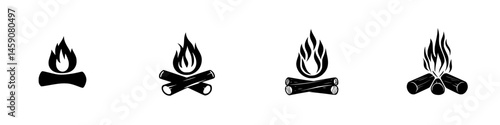 Collection of flat black icon designs featuring campfire and log illustrations in various styles for outdoor themes