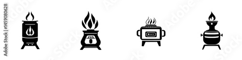 Collection of flat black icons representing various cooking stoves and burners for kitchen use