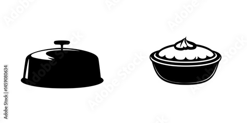 Flat black icons representing a food cover and a bowl of cream